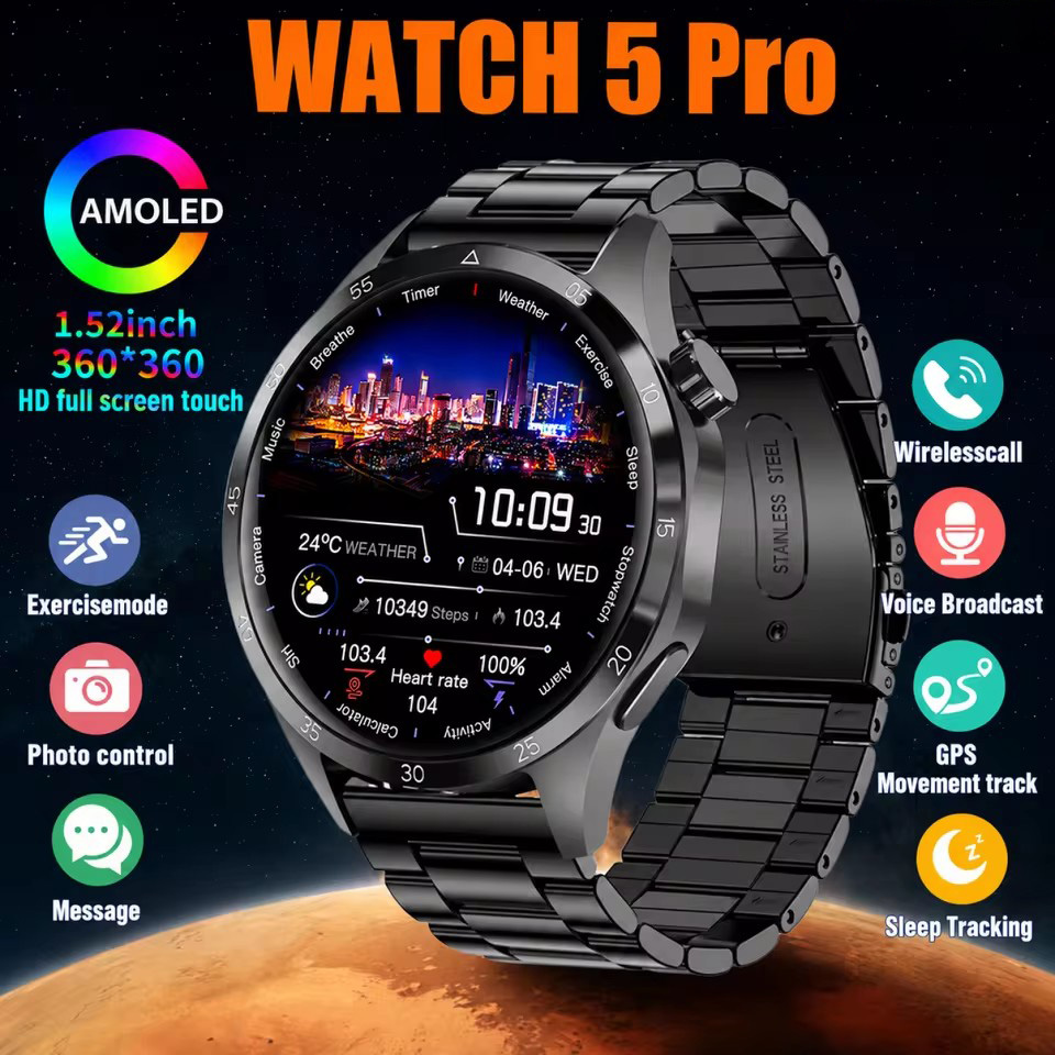 Relógio 5 Pro GPS Pista Bússola Inteligente Masculino 360 * 360 Tela AMOLED BT Chamada À Prova Dwaterproof Água Monitor