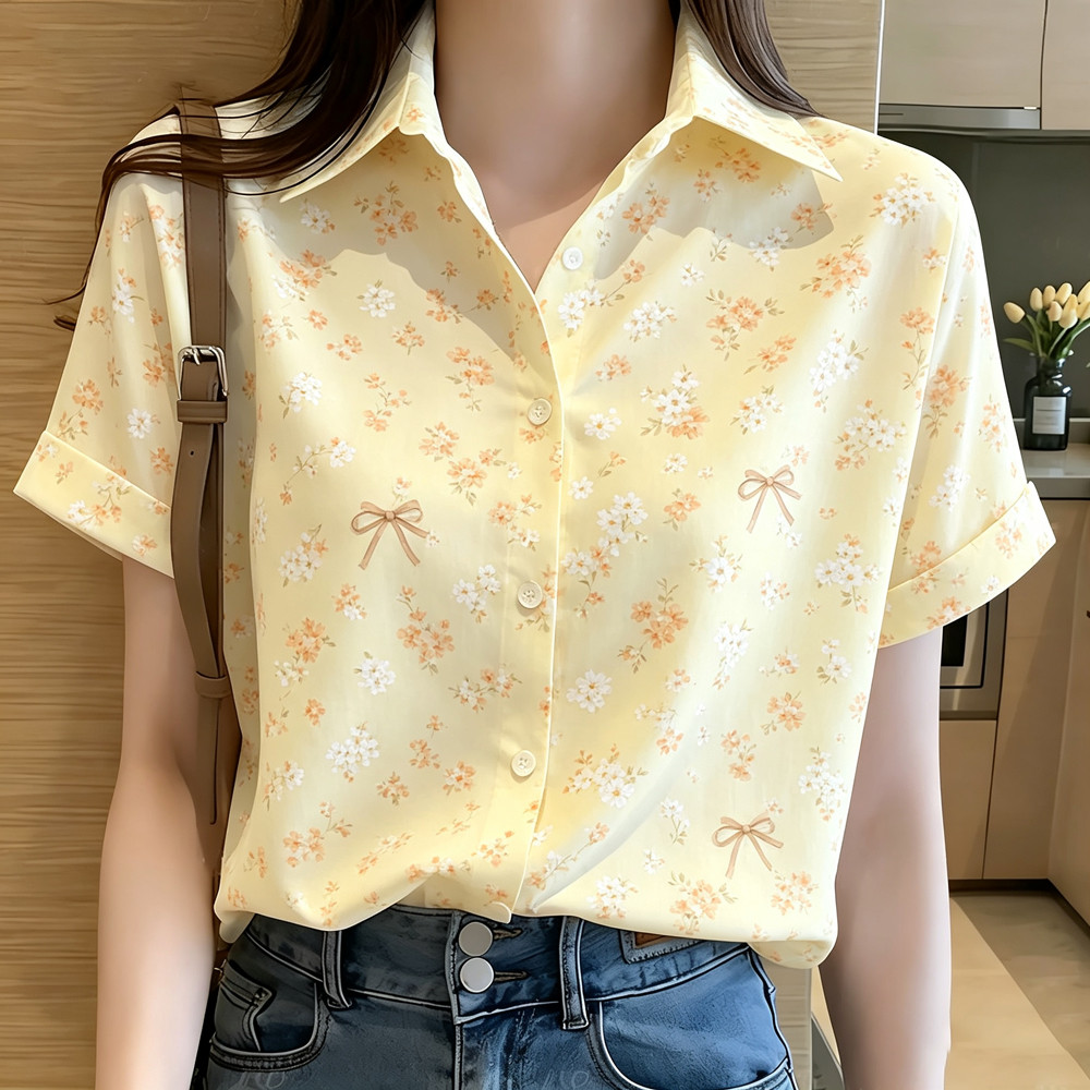 Camisa Feminina De Manga Curta Lapela Gola Minúsculo Floral Bowknot Margarida Impressão Romântico Pastel Doce Padrão Bot