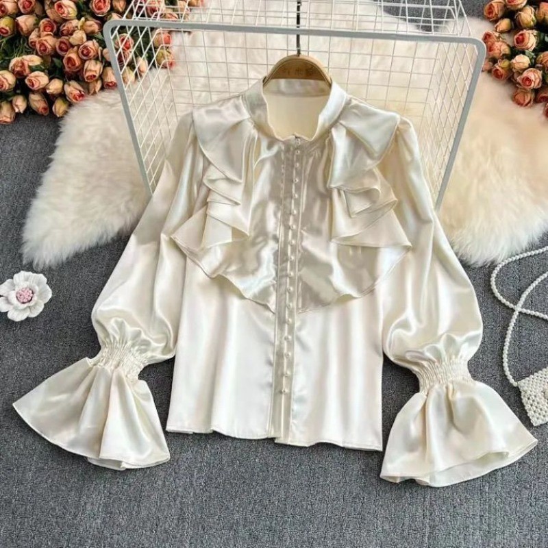 Blusa Feminina De Cetim Francês Gola Babados Guarnição Puff Manga Longa Alargamento Elegante Estilo Tribunal Vintage Bot