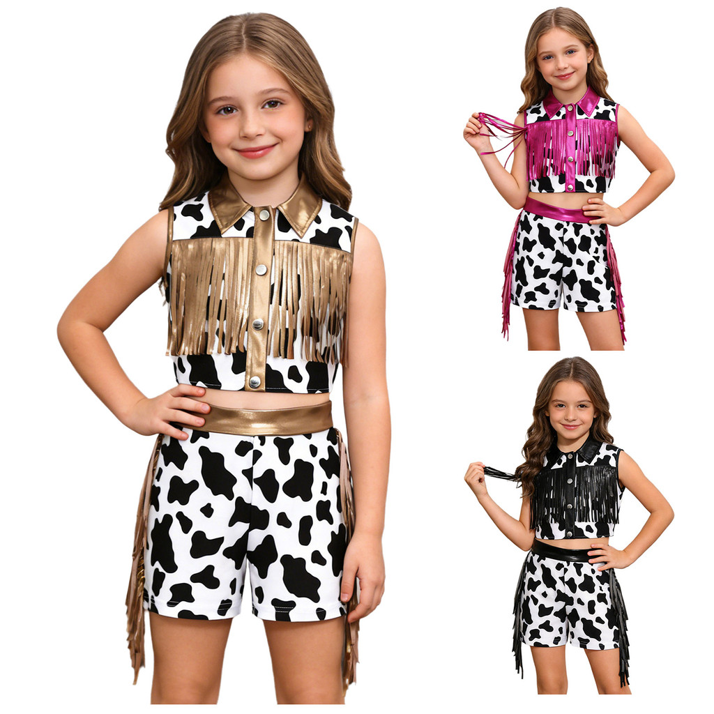 inhzoy Crianças Meninas 2 Peças Estampadas Fantasias De Vaqueira Ocidental Patchwork Metálico Sem Mangas Com Franjas Bot