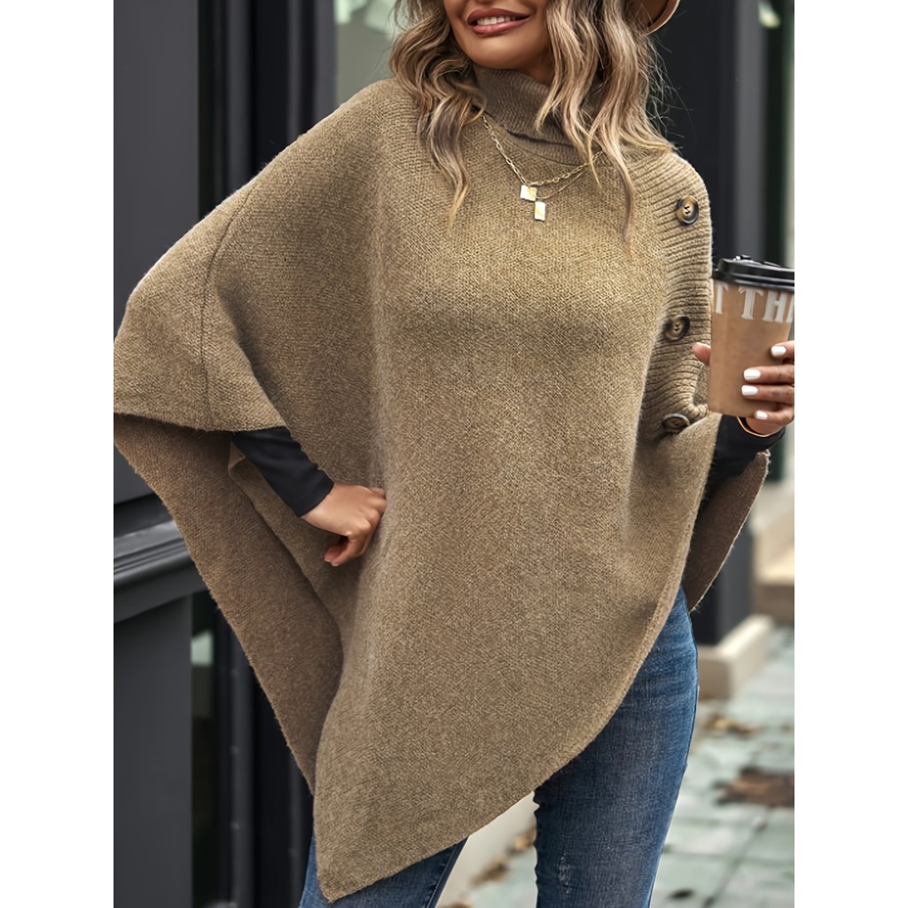 Suéter de Tricô Feminino com Gola Alta, Manga 3/4, Barra Assimétrica, Elegante, Cor Sólida, Pulôver com Decoração de Bot