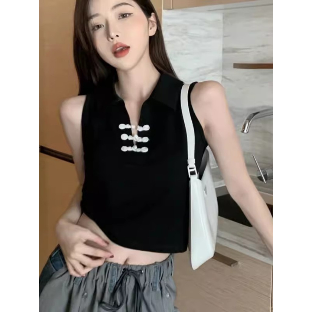 Novo estilo chinês estilo nacional fivela camisola feminina verão roupa interior exterior gola polo curto sem mangas Bot
