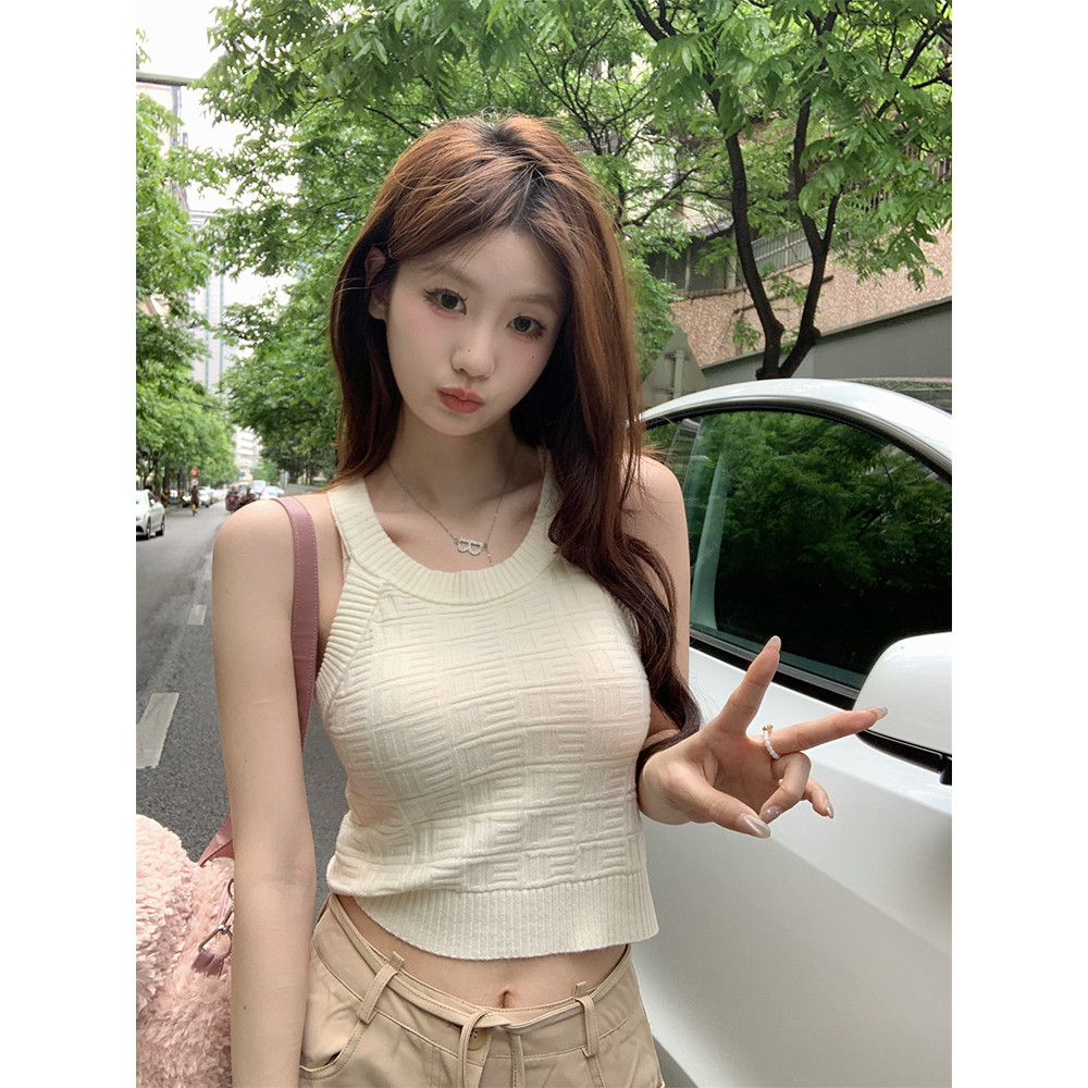 Damasco Halter camisola feminina roupa interior verão exterior usar malha de seda gelo fino-ajuste colete sem mangas Bot