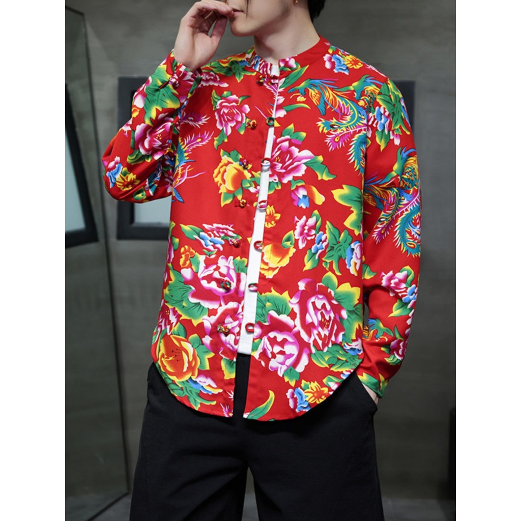 Primavera outono nordeste grande flor camisa de manga comprida masculina grande jaqueta vermelha estilo étnico disco bot