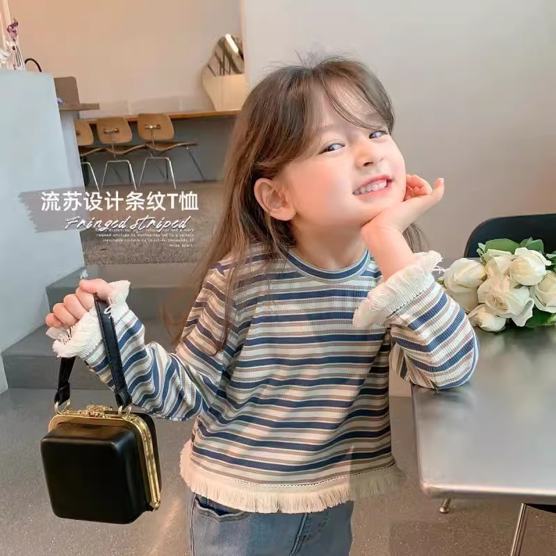 Meninas de manga comprida camiseta primavera outono estilo bebê borla topos crianças listrado topos bebê menina moda Bot