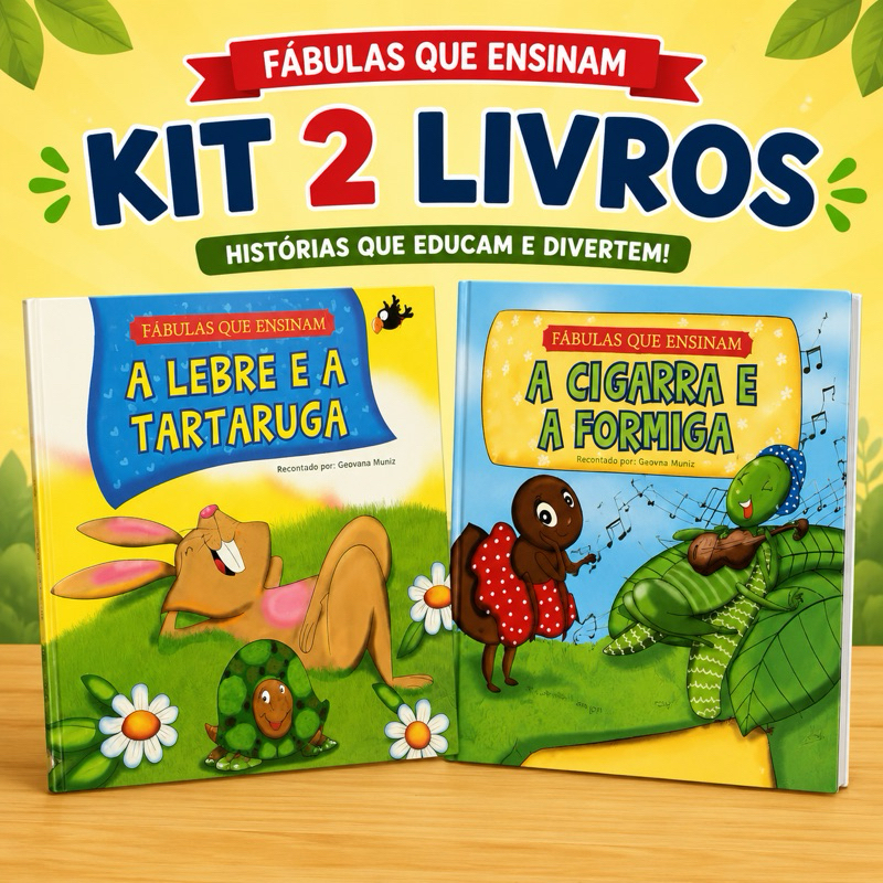 Kit 2 Livros Infantis Fábulas que Ensinam | A Lebre e a Tartaruga + A Cigarra e a Formiga