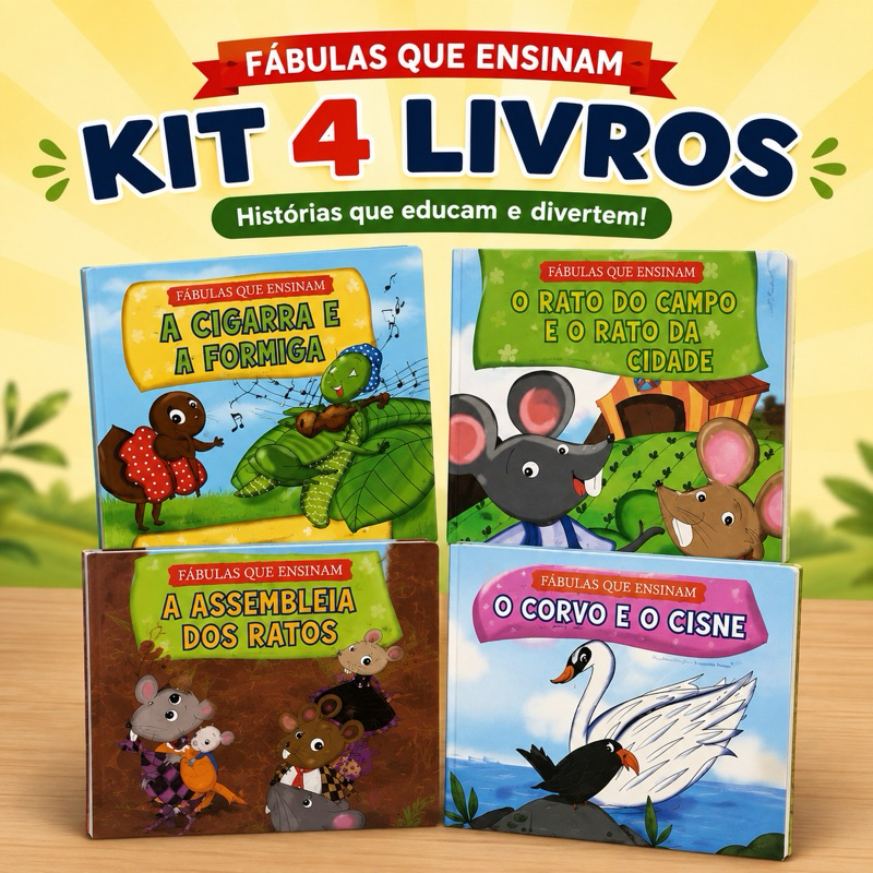 Kit 4 Livros Infantis Fábulas que Ensinam | Contos Clássicos Ilustrados | Leitura Infantil