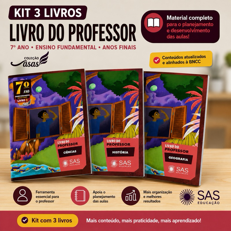Kit 3 Livros do Professor 7º Ano Ensino Fundamental – Ciências, História e Geografia | SAS Educação