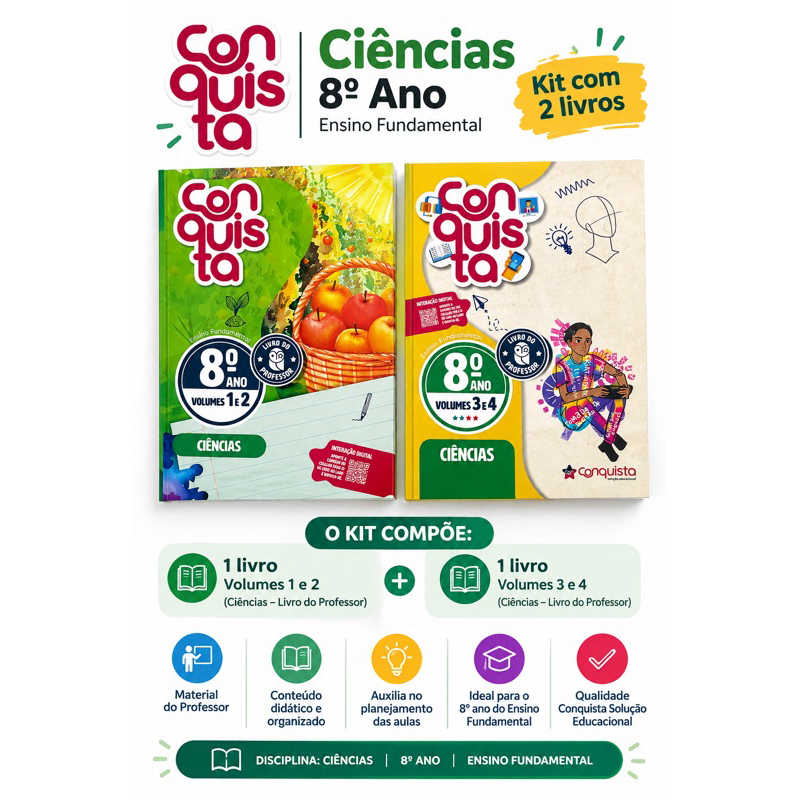 Kit Conquista 8º Ano Ciências – Livro do Professor Volumes 1 a 4 – Ensino Fundamental