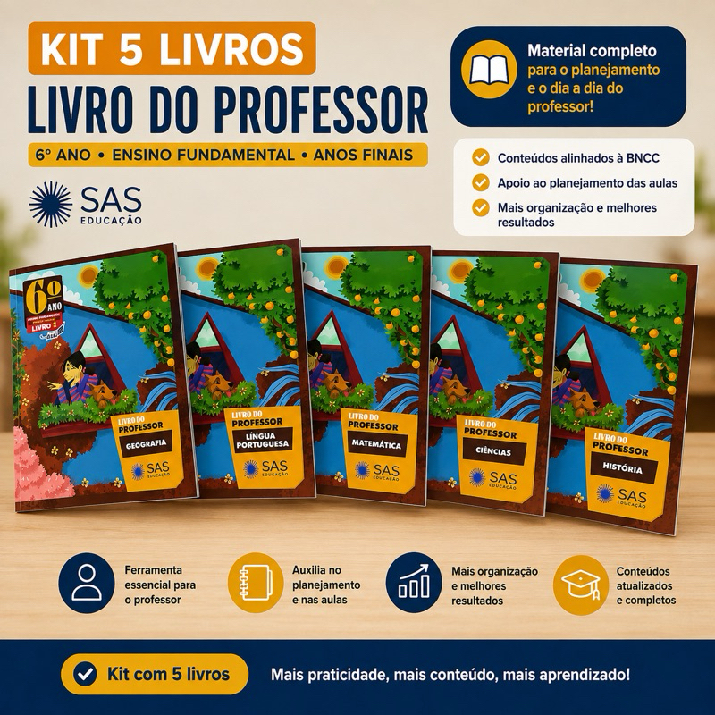 Kit 5 Livros do Professor SAS Educação – 6º Ano | Língua Portuguesa, Matemática, Ciências, História e Geografia