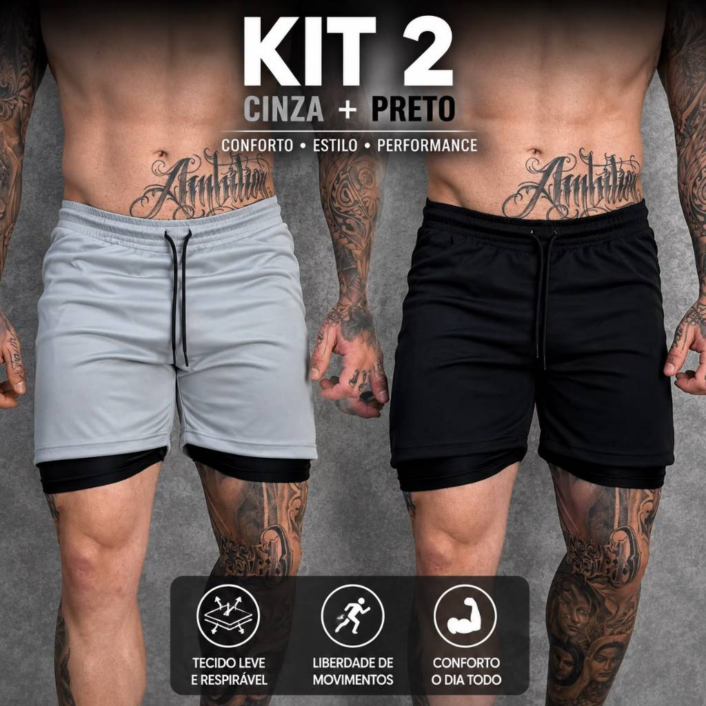 Kit 2 Shorts 2 em 1 Masculino Dry Monster Esportivo Para Corridas