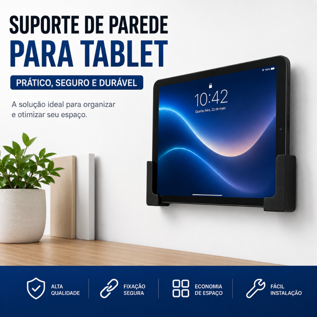 Suporte Parede Tablet Universal C/ Parafusos Buchas Aleta Celular Recepção Consultorio Sala Casa