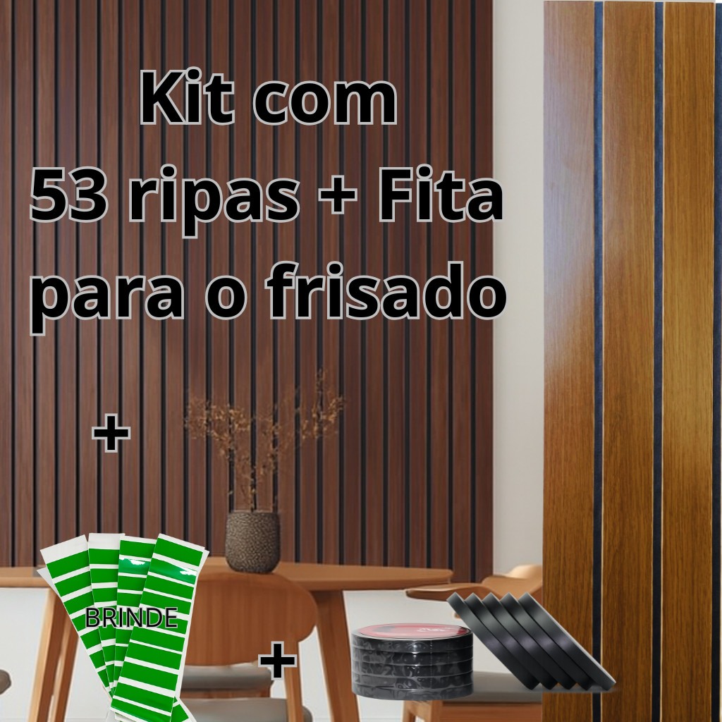Novo Kit até 53 Ripado Castanho Frisado MDF 3mm com rolo de Fita Preta Autocolante | Decorativo Premium