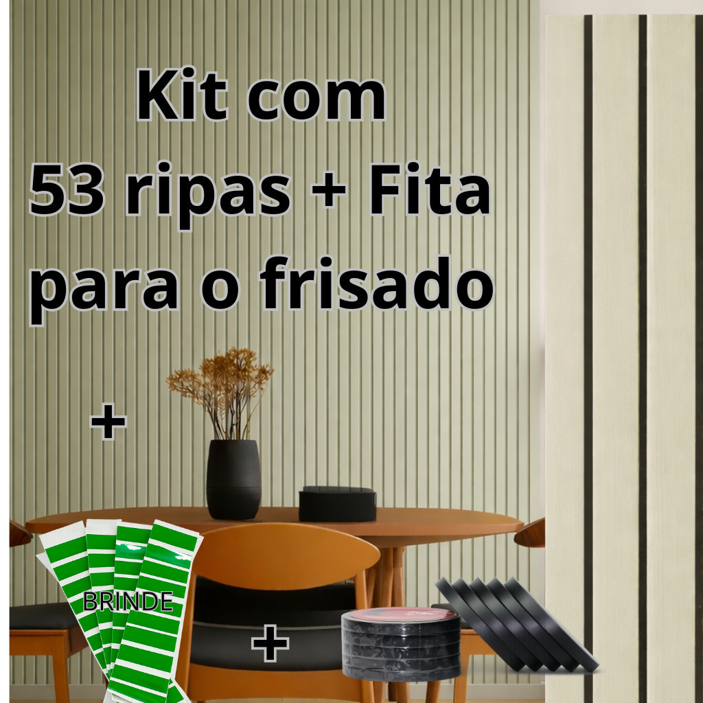 Novo Kit até 53 Ripa Ripado Verde Off Frisado MDF 3mm com rolo de Fita Preta Autocolante | Decorativo Premium