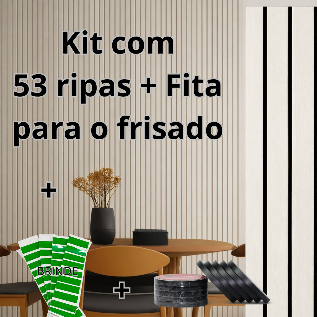 Novo Kit até 53 Ripa Ripado Off-White Frisado MDF 3mm com rolo de Fita Preta Autocolante | Decorativo Premium