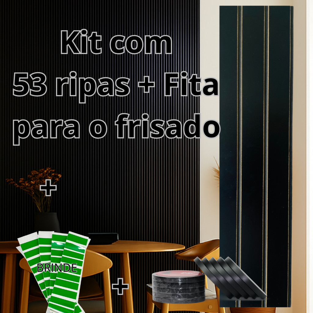 Novo Kit até 53 Ripa Ripado Preto Frisado MDF 3mm com rolo de Fita Preta Autocolante | Decorativo Premium