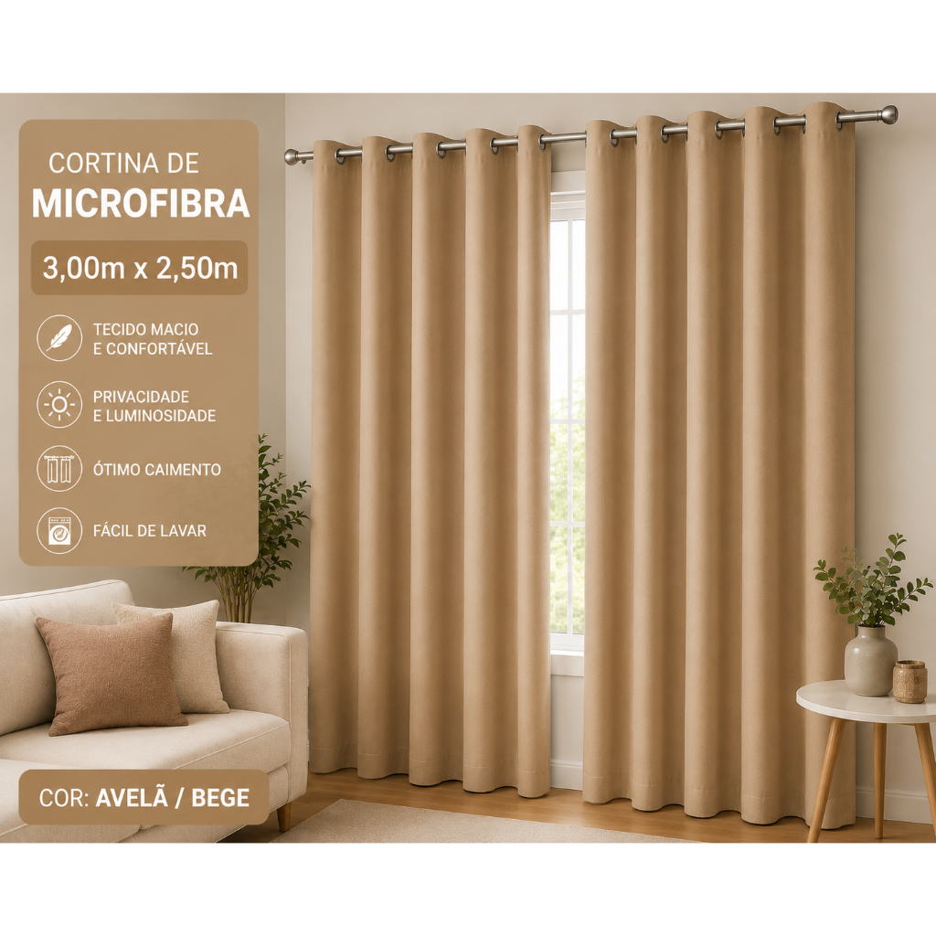 Cortina Microfibra 3,00 x 2,50m Lisa Premium com Ilhós Redondo Removível para Sala e Quarto porta janela