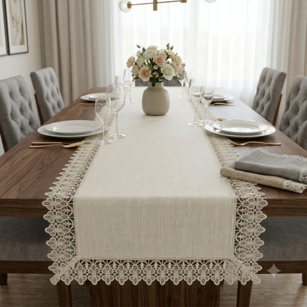 TRILHO DE MESA EM RENDA GUIPIR TECIDO LINHO PREMIUM 4 E 6 LUGARES
