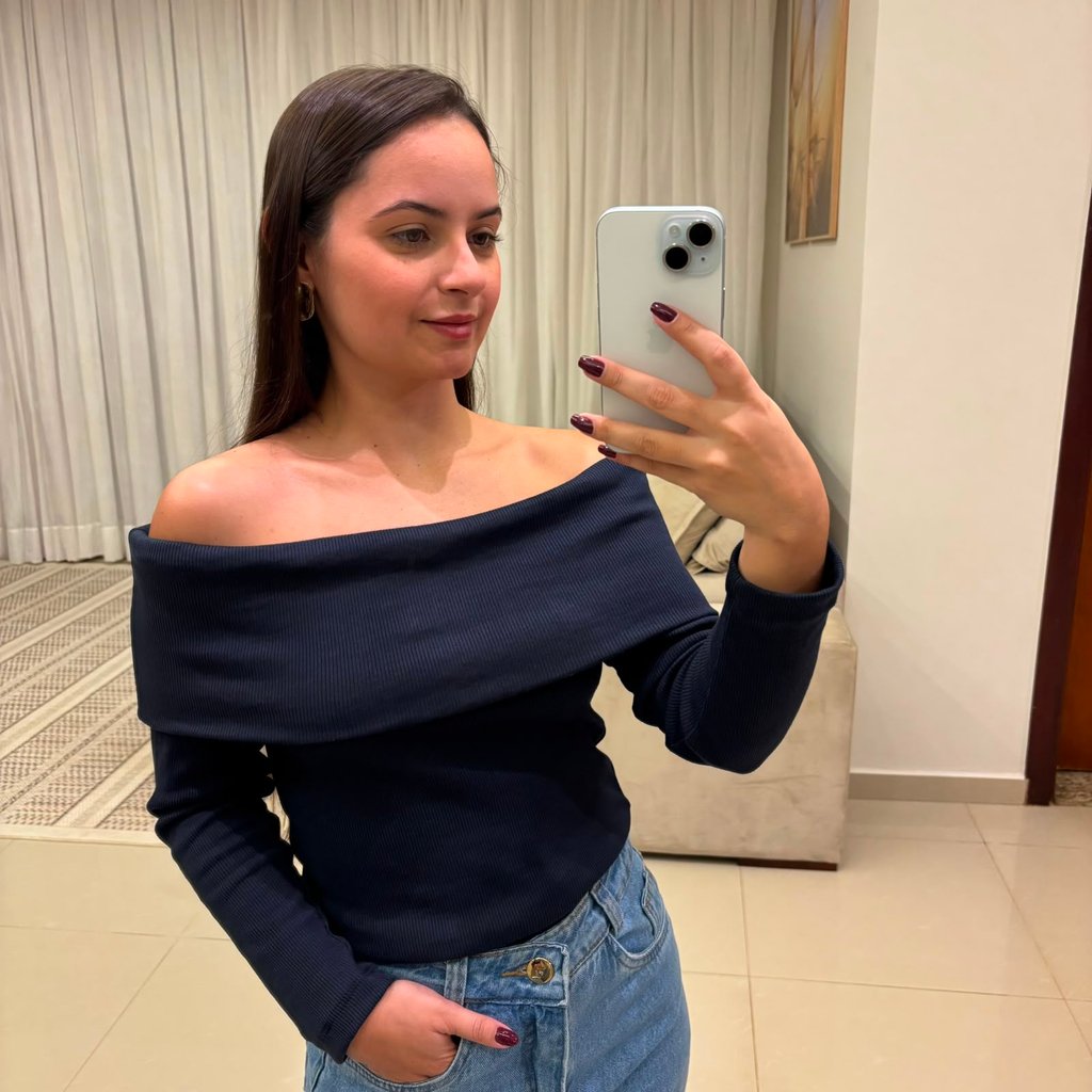 Blusinha Manga Longa Ombro a Ombro Azul Marinho Feminina Malha Canelada Premium Outono Inverno