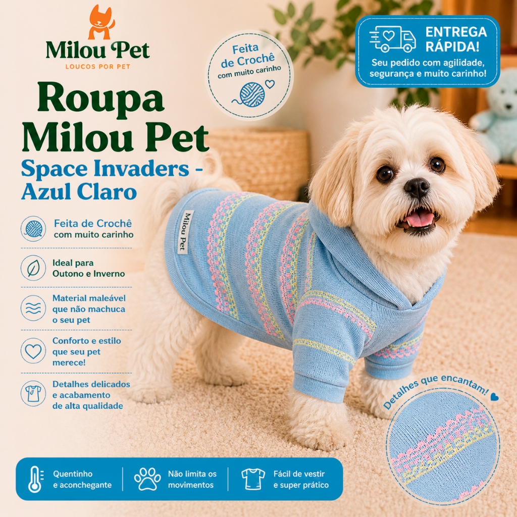 Roupa Milou Pet Cachorros Cães Space Invaders Azul Claro Outono e Inverno Festa Tricô