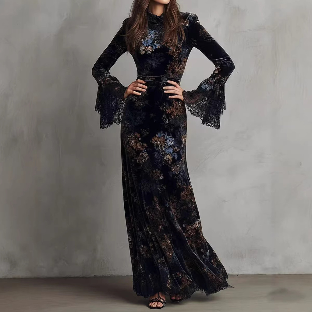 Vestido Qipao de Veludo Elegante e Ajustado com Estampa Vintage Azul 2026, Manga Longa para Outono e Inverno