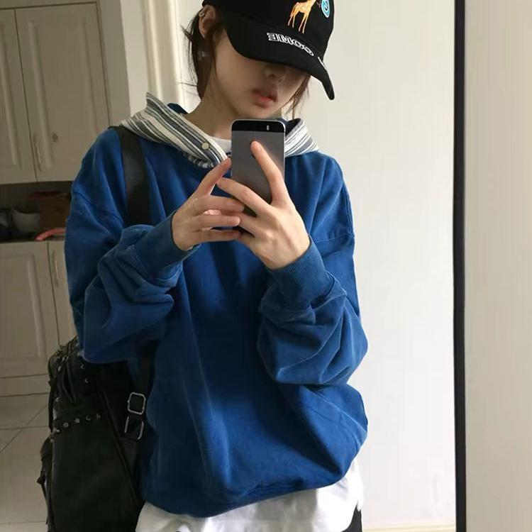[Produtos de compra] Estilo coreano costura Retro azul moletom com capuz feminino outono inverno solto mais magro olhar