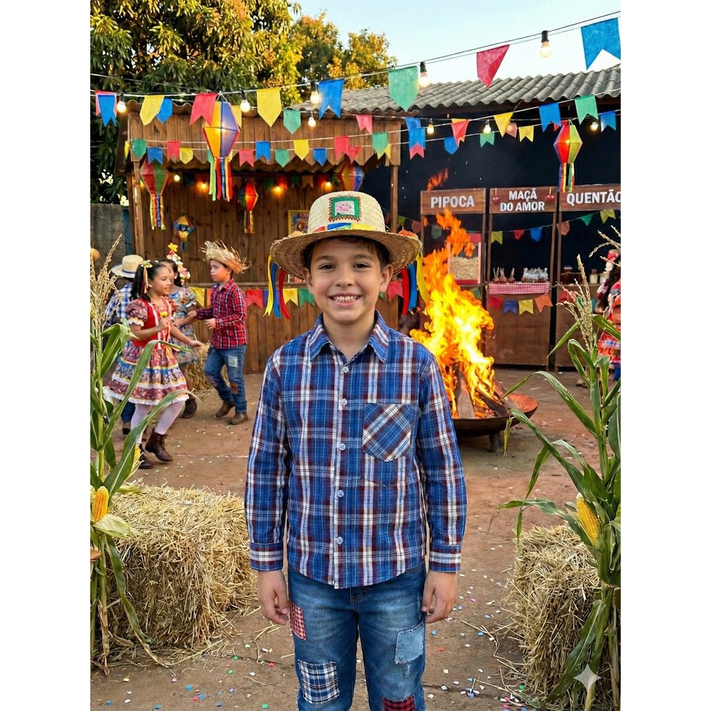 Camisa Junina Xadrez Infantil Menino Manga Longa Azul Arraial Festa Fantasia São João C/ Botões e Bolso Outono Inverno