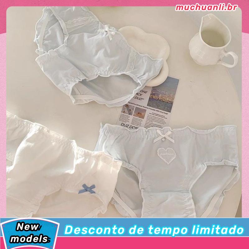 Azul outono bonito doce classe A bebê algodão roupa interior feminina outono inverno meados de cintura respirável 5A ant