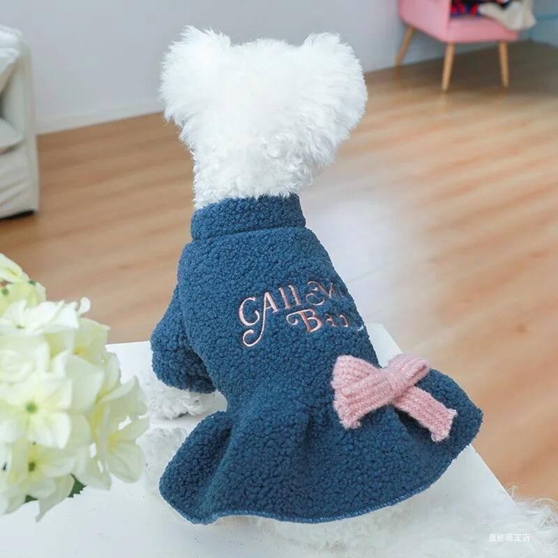 Roupa para Animais de Estimação, Vestido de Princesa Azul com Laço, Quente e Espesso de Pelúcia para Outono e Inverno, A