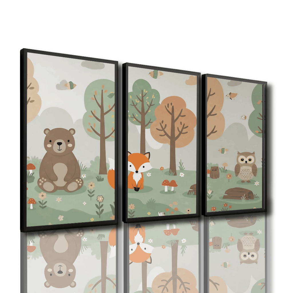Kit 3 Quadros Infantil Ursinho Raposa Coruja Decoração Quarto Bebê