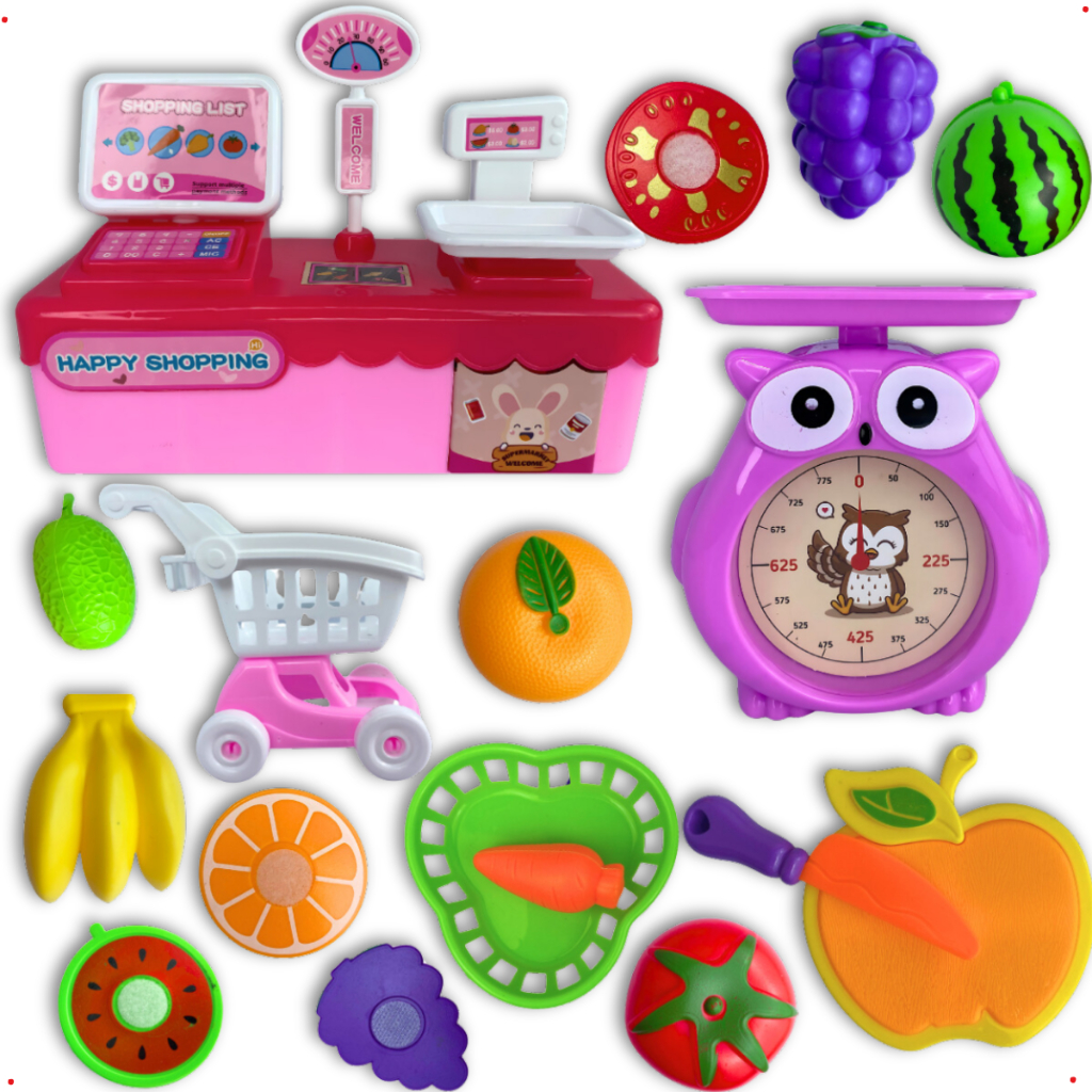 Mercadinho Brinquedo Quitanda Carrinho De Compras Infantil Coruja Caixa Registradora Frutas Velcro