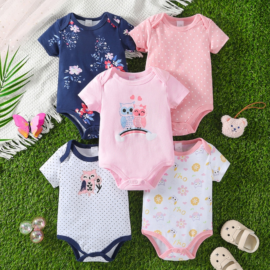 Pjamas De Bebê Payifang Kit Body Roupa De Bebê Kit 5 Body Manga Curta Algodão 100% Menina 0-12 Meses Coruja