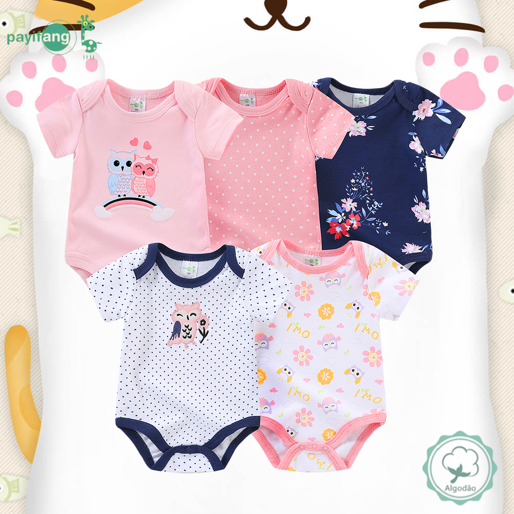 Macacão de bebê unissex Payifang Kit 5, estampa de coruja e flor, 100% algodão, 3-12 meses, roupas de bebê respiráveis,