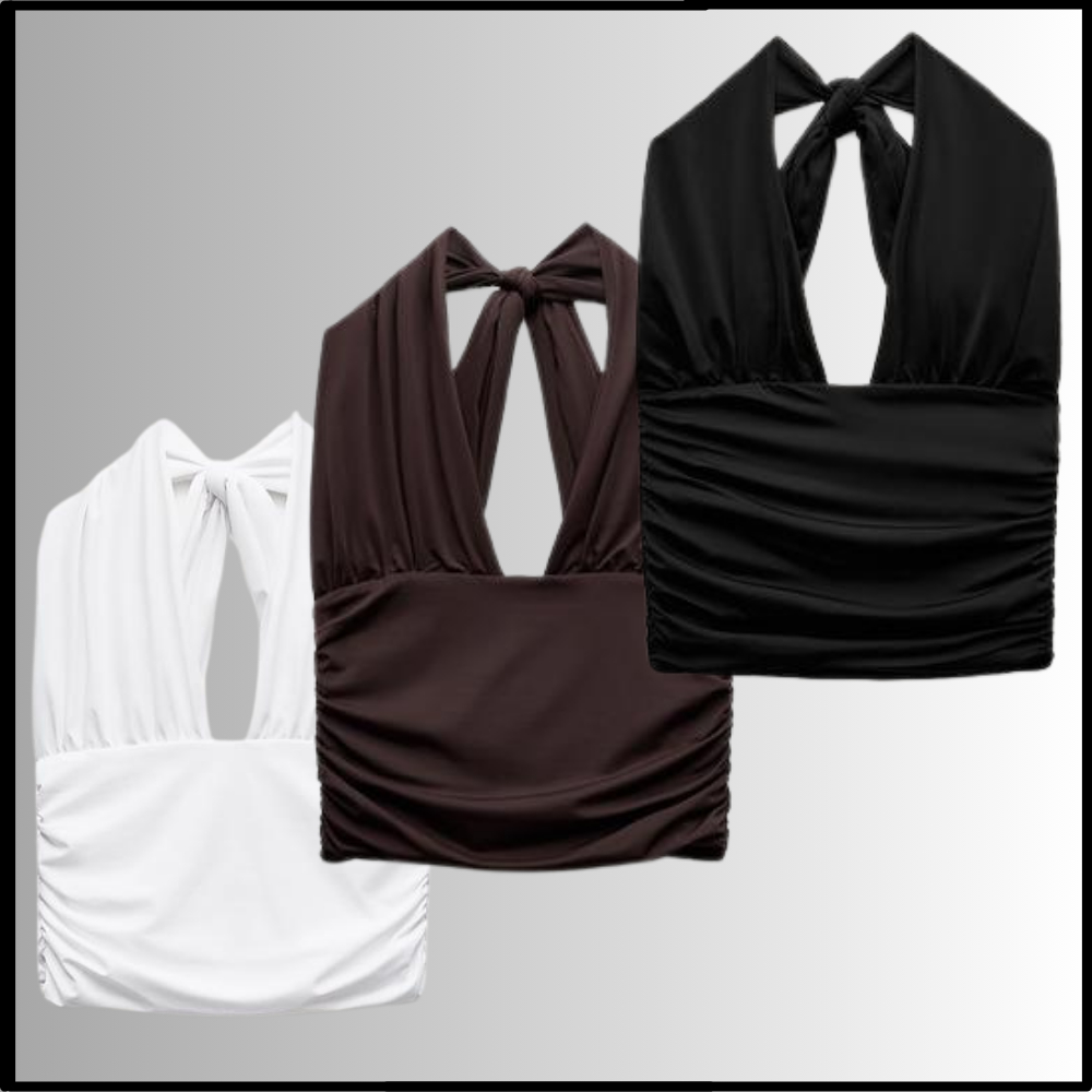 KIT COM 3 TOP CROPPED FEMININO FRENTE ÚNICA COM DETALHE FRANZIDO AMARRA NO PESCOÇO BLUSA FEMININA FRENTE UNICA