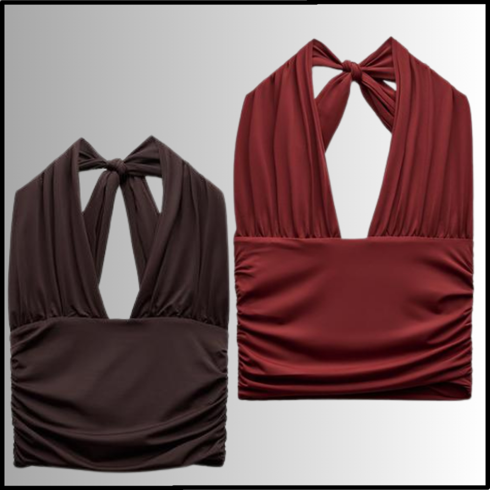KIT COM 2 TOP CROPPED FEMININO FRENTE ÚNICA AMARRA NO PESCOÇO BLUSA FEMININA ESTILOSA COM DETALHE FRANZIDO
