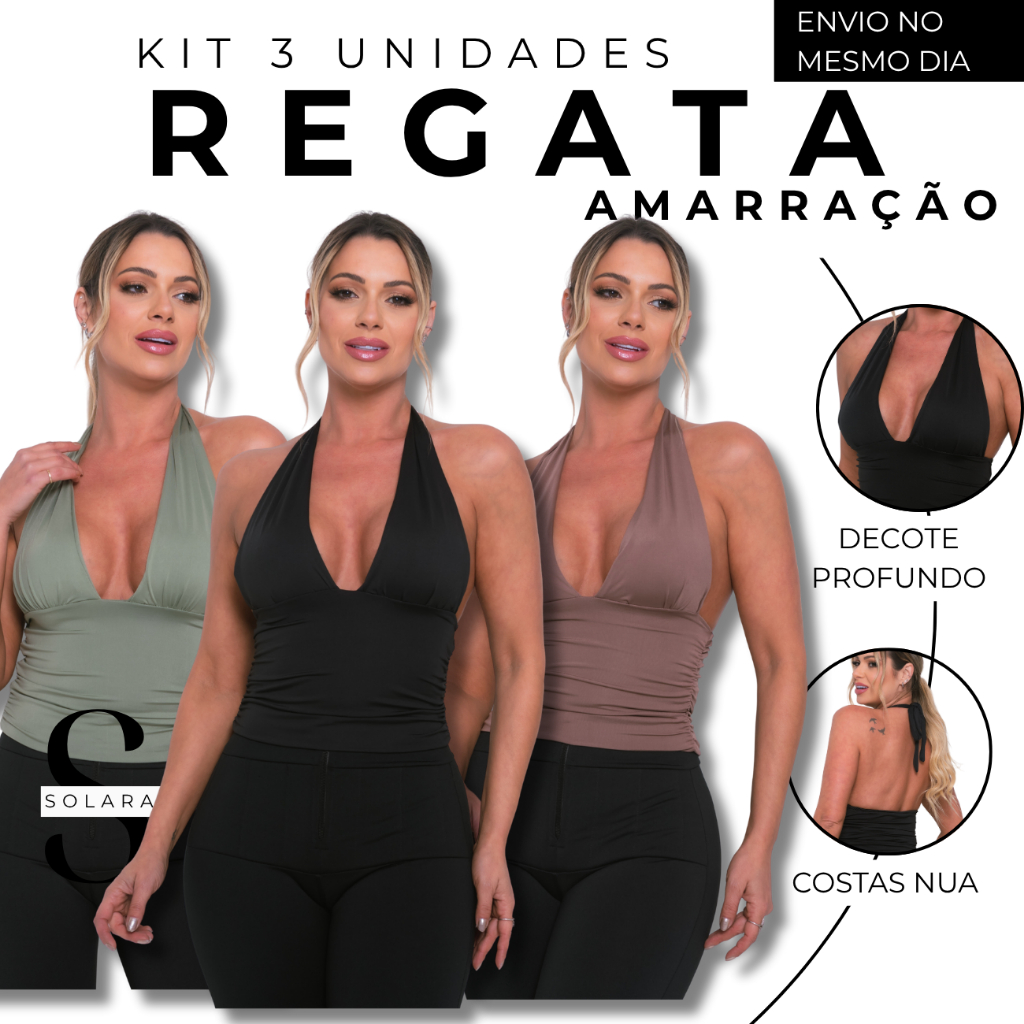 KIT 03 Regata Amarraçao Costas Aberta Decote Blusa Amarra No Pescoço Sem Transparencia