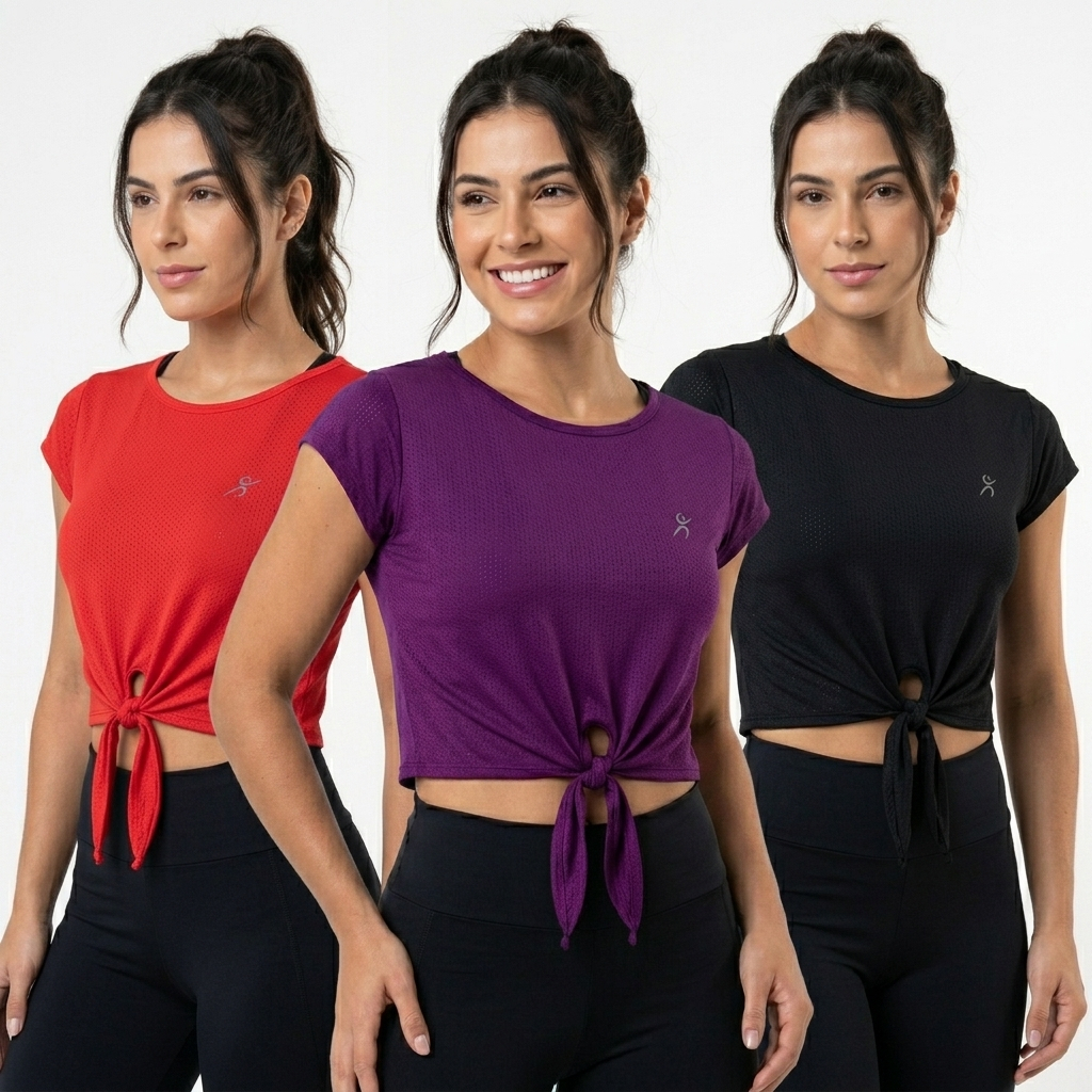 Kit 3 Croppeds Fitness em Dryfit com Amarração Conforto e Estilo para Treinos