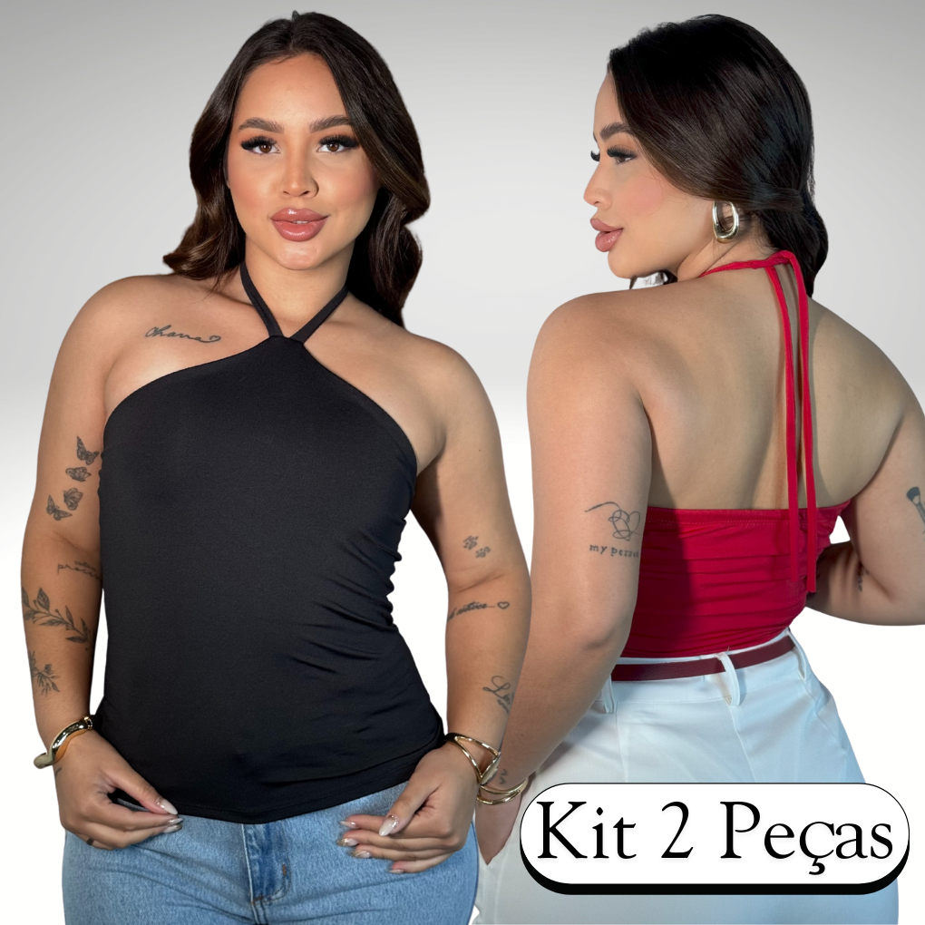 Kit 2 Blusa Feminina Frente Única Top Faixa Em Suplex Forrada Amarra no Pescoço