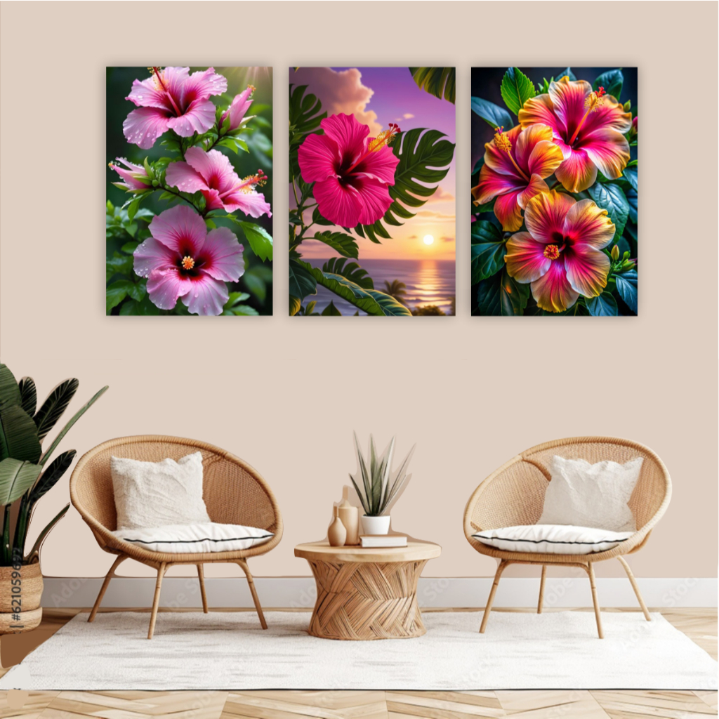 Quadro decorativo 3 peças hibisco rosa flores floral decoração para sala quarto área de lazer sítio