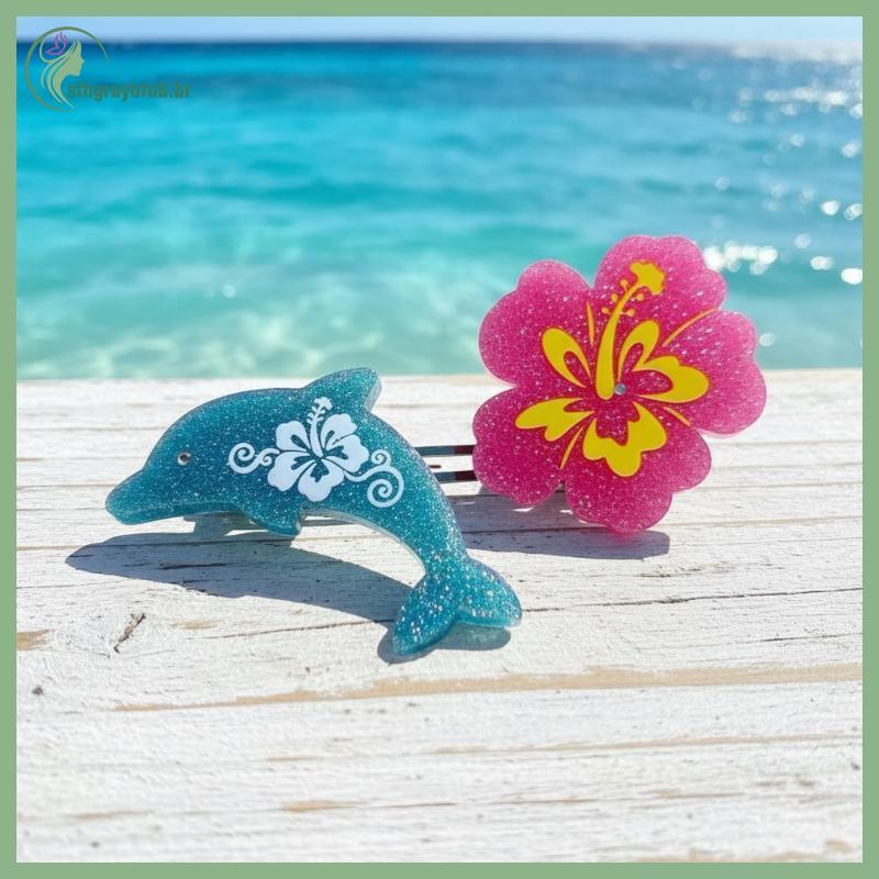 Grampo De Cabelo Animal Golfinho STHB , Azul Brilhante , Flor De Hibisco Rosa BR