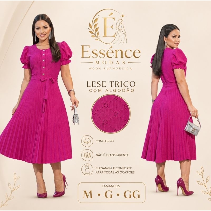 Vestido Midi Feminino Lese Algodão Manga Bufante Com Forro Fita na Cintura Elegante Festa Casual Moda Evangélica