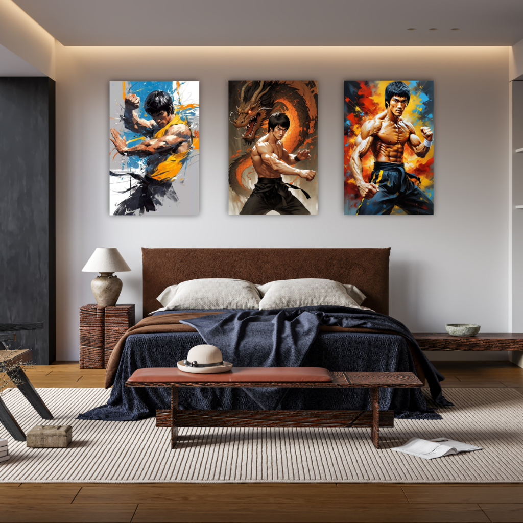 Quadro Decorativo Bruce Lee Artes Marciais Jackie Chan Para Parede Decoração Quarto 3 Peças
