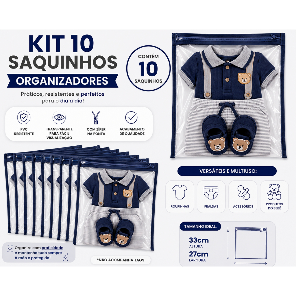 Kit 10 Saquinhos Maternidade Organizador  Mala Bebê 27x33 Cm MALA/VIAGEM/ROUPA SECA E MOLHADA/ LIMPA