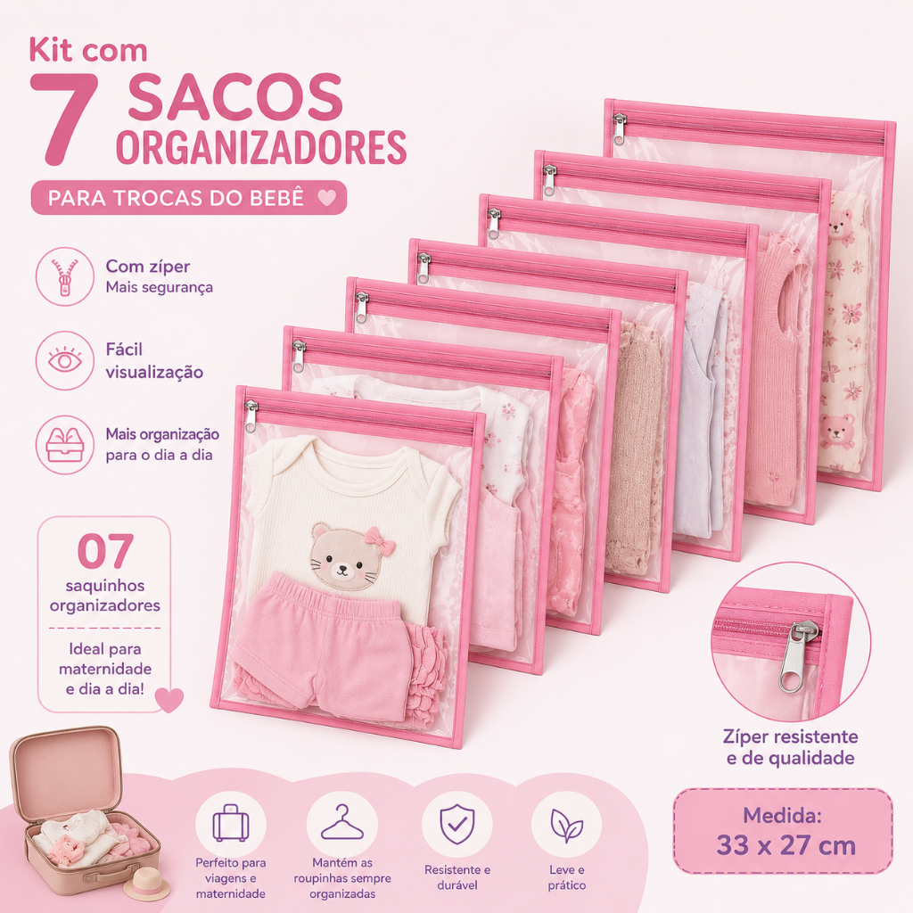 Kit 7 Saquinhos Maternidade Organizador Mala Bebê 27x33 Cm MALA/VIAGEM/ROUPA SECA e MOLHADA