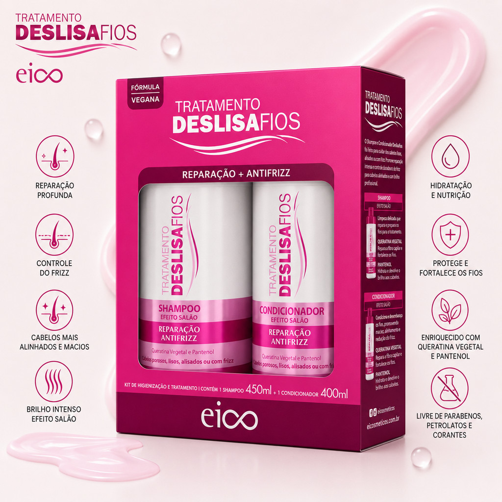 Shampoo e Condicionador EICO KIT Deslisa Fios 850ml Anti Frizz KIT Shampoo Condicionador Reconstrução Capilar