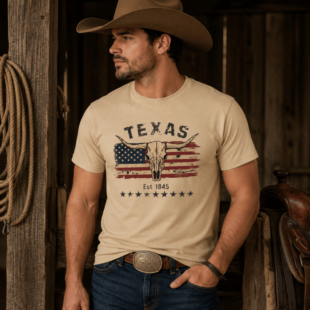Camiseta Texas USA Vintage Caveira Longhorn Bandeira Americana Est 1845 Country Masculina