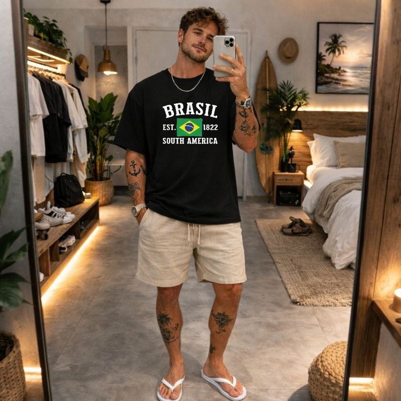 Camiseta Brasil Oversized Masculina 100% algodão Premium Estampa Bandeira Streetwear Est 1822