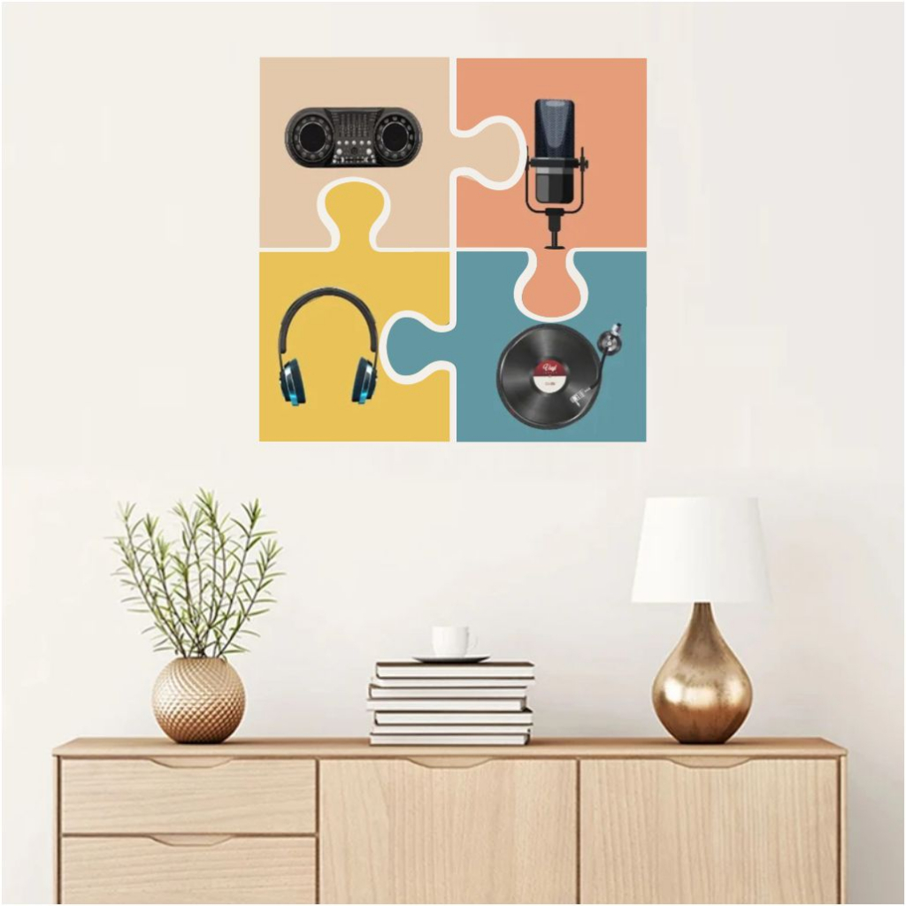 Quadro Decorativo Música Rádio Mic Fone Disco Colorido Quabra Cabeça