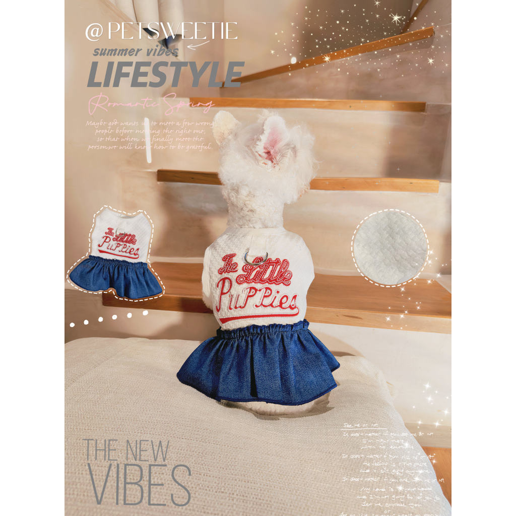 < Cheerleading Team > Saia fofa para cachorro de estimação maltês primavera verão jeans Bichon roupas esportivas com tra