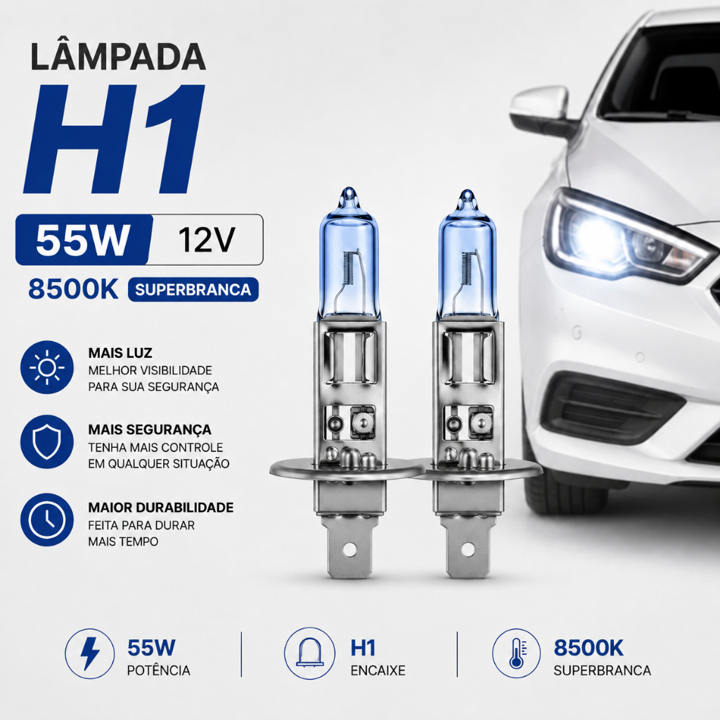 PAR LAMPADA H1 SUPERBRANCA OU COMUM HALOGENA 12V TECHONE 8500K E 4300K 55W